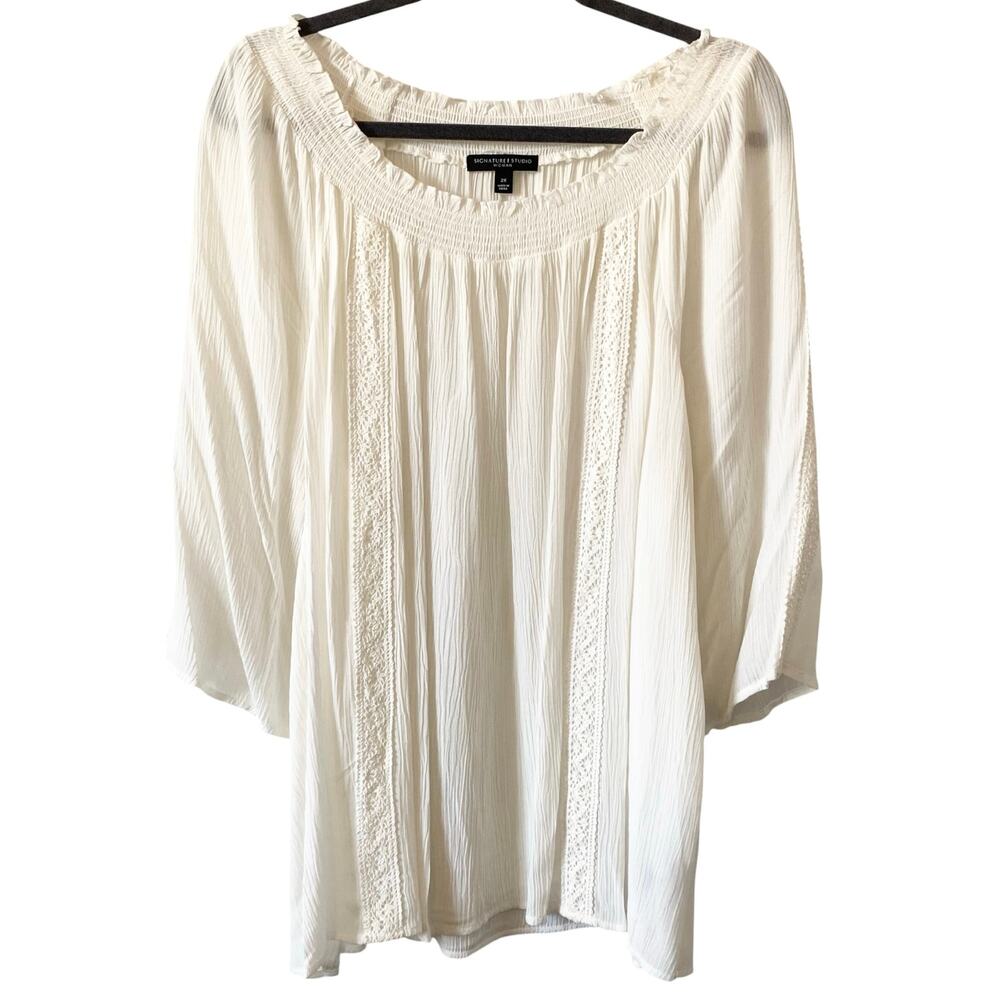 NEW SIGNATURE STUDIO Ivory Gauze Blouse with Lace Detail Size 2X Coastal Boho